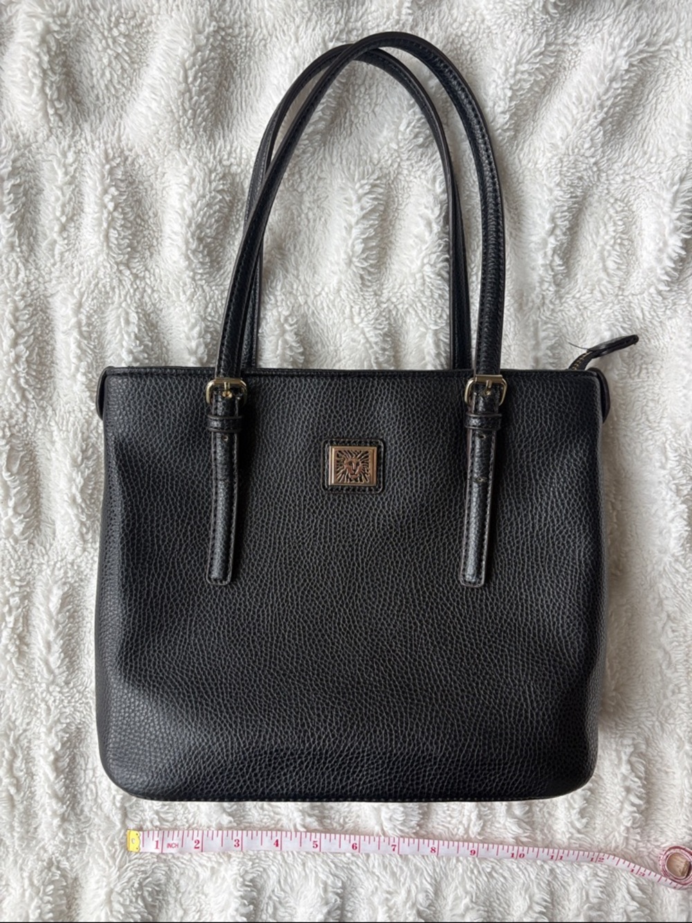 Anne Klein Black Leather Tote Handbag with Gold Accent